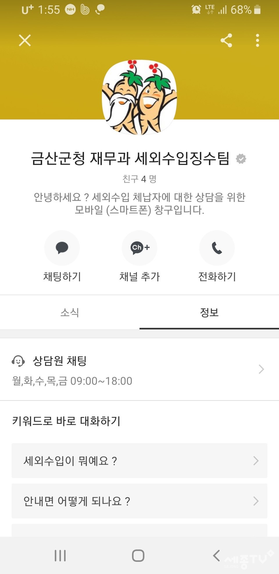 금산군청 세외수입 체납자 상담 카카오채널.(사진제공=금산군청)