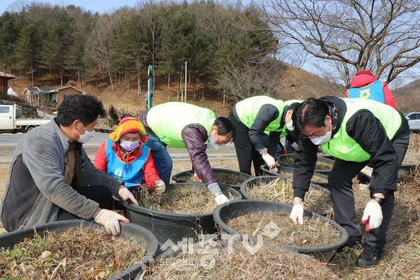 이종욱 충남세종농협본부장(오른쪽)과 농가주부모임 청양군연합회(회장 김경자)는 청양군 소재 칠갑산 산꽃마을에서 봄맞이 농촌마을 환경개선 봉사활동을 펼쳤다.