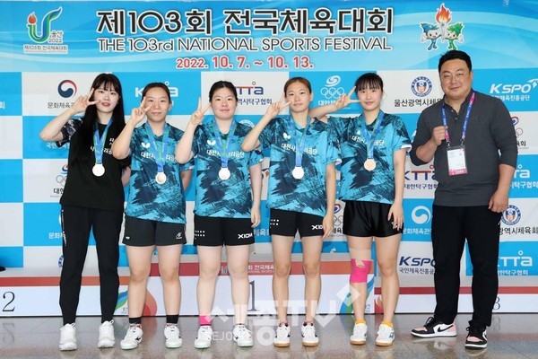 여자일반부 단체전 동메달을 획득한 공단 수영선수단