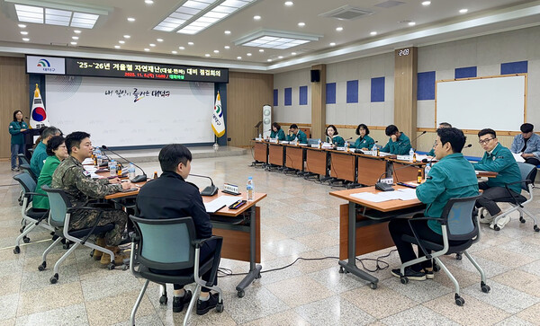 대전 대덕구가 지난 6일 구청 대회의실에서 관계 기관과 겨울철 자연재난 대비 점검 회의를 열고 보완 상황을 논의하고 있다./사진제공=대전 대덕구청