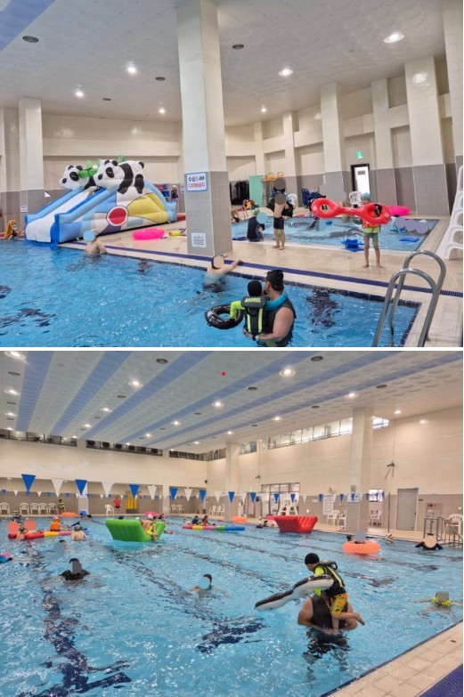 파주시는 이달 하순부터 시민들의 건강한 여가와 가족들 간 소통을 위해 운정다목적체육관과 금촌다목적실내체육관에 ‘가족 물놀이장’을 개장, 시민에게 개방한다. /사진 위부터 운정·금촌 실내수영장 모습. (사진=파주시)